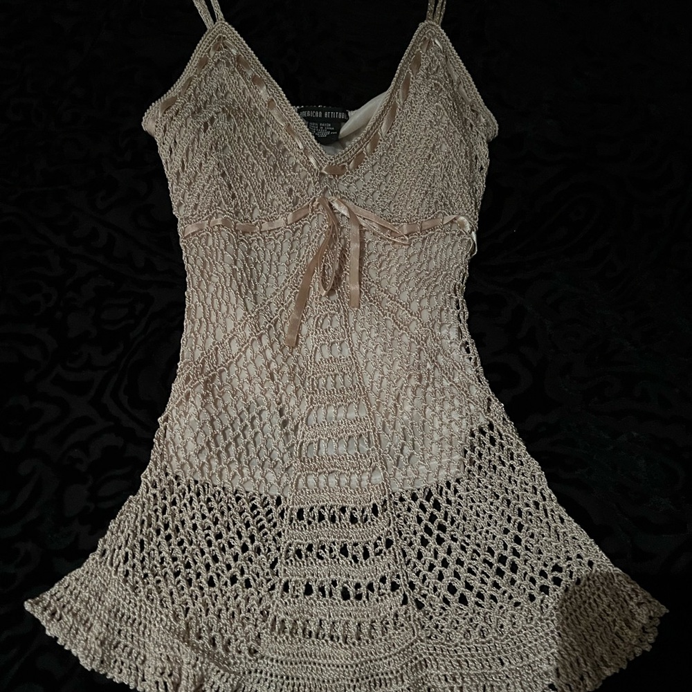 Tan crochet top lined with satin bow